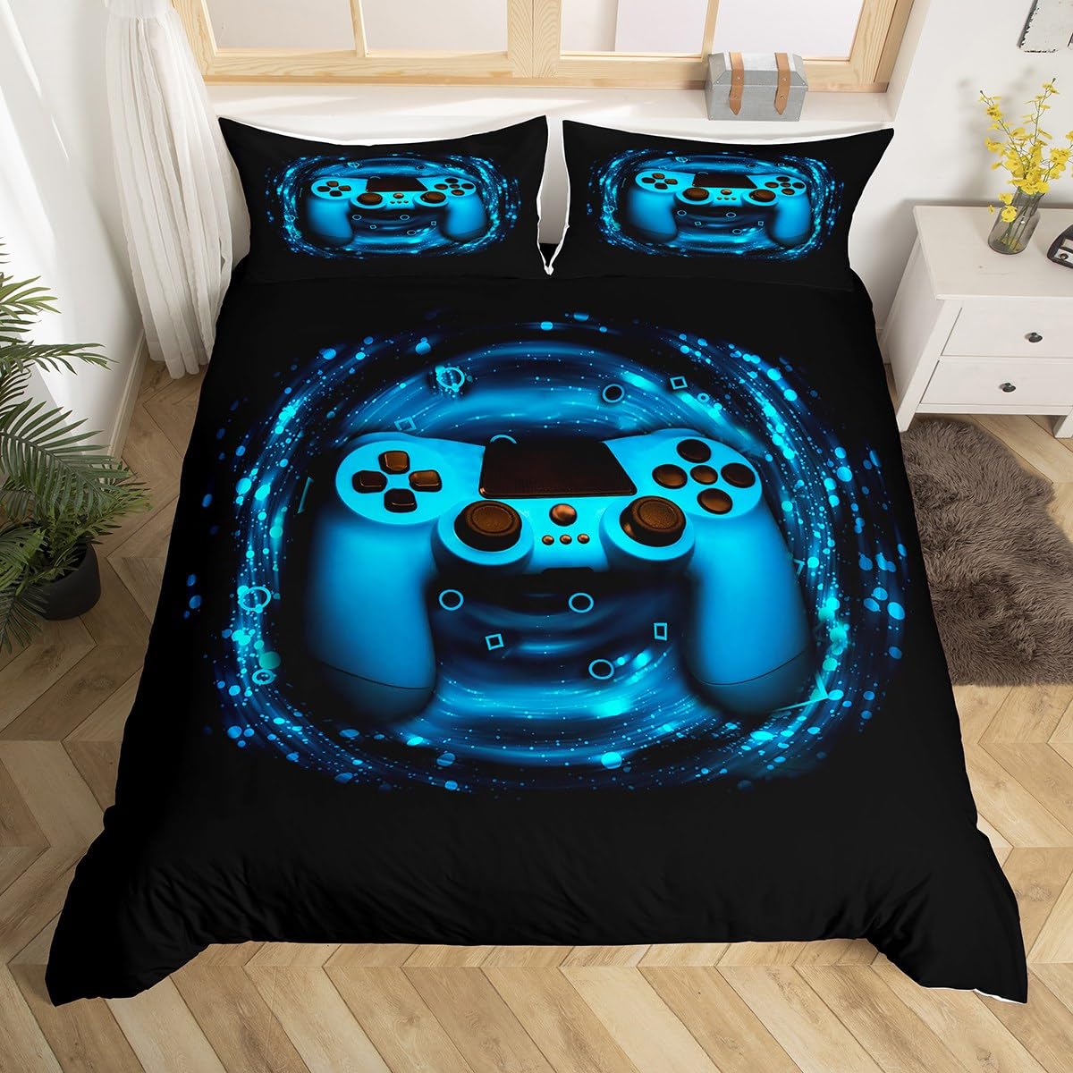 Loussiesd Gamer Bedding &Linen for Boys Gaming Bedding Set Kids Teen Playing Video Game Duvet Cover Set Gamepad Geometric Deocr Bedding 1 Quilt Cover with 1 Pillow Sham (Single,Blue)
