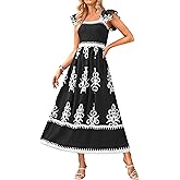 BTFBM Summer Dresses for Women 2026 Floral Smocked Boho Sleeveless Square Neck A Line Casual Beach Maxi Dress Pockets