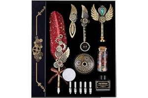 Facwxiao Quill Pen Set, Feather Pen, Ink, Bookmarks, Seals, Nibs, Wax Bead, Envelopes, Writing Paper, Gift Box, Red