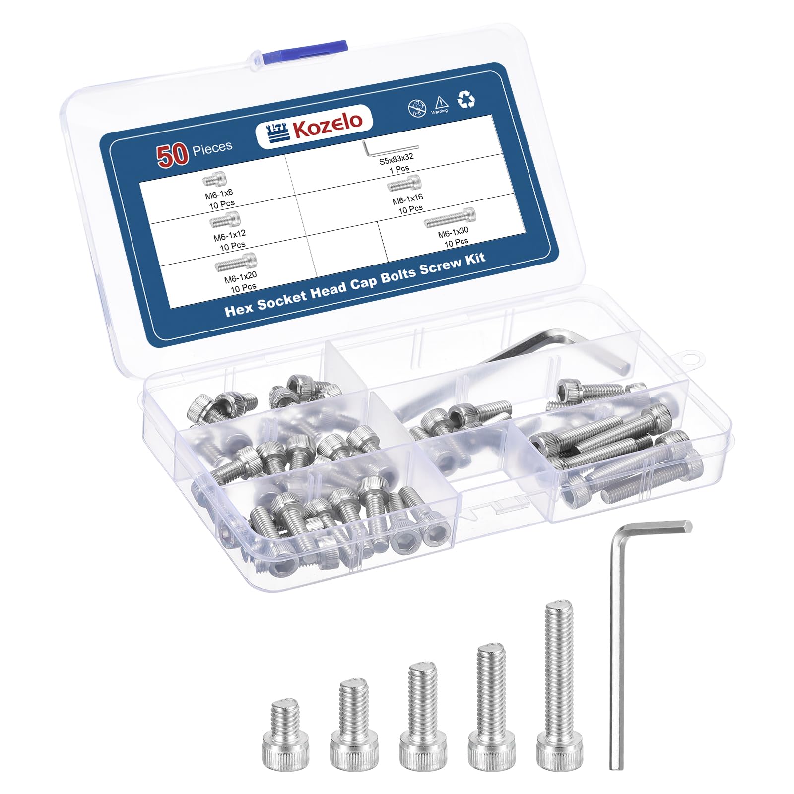 Kozelo 50pcs M6 Socket Head Cap Screws Bolts Nuts Assortment Kit - [M6x8/12/16/20/30mm] 304 Stainless Steel Allen Socket Drive for 3D Printer with Allen Wrench — image 1