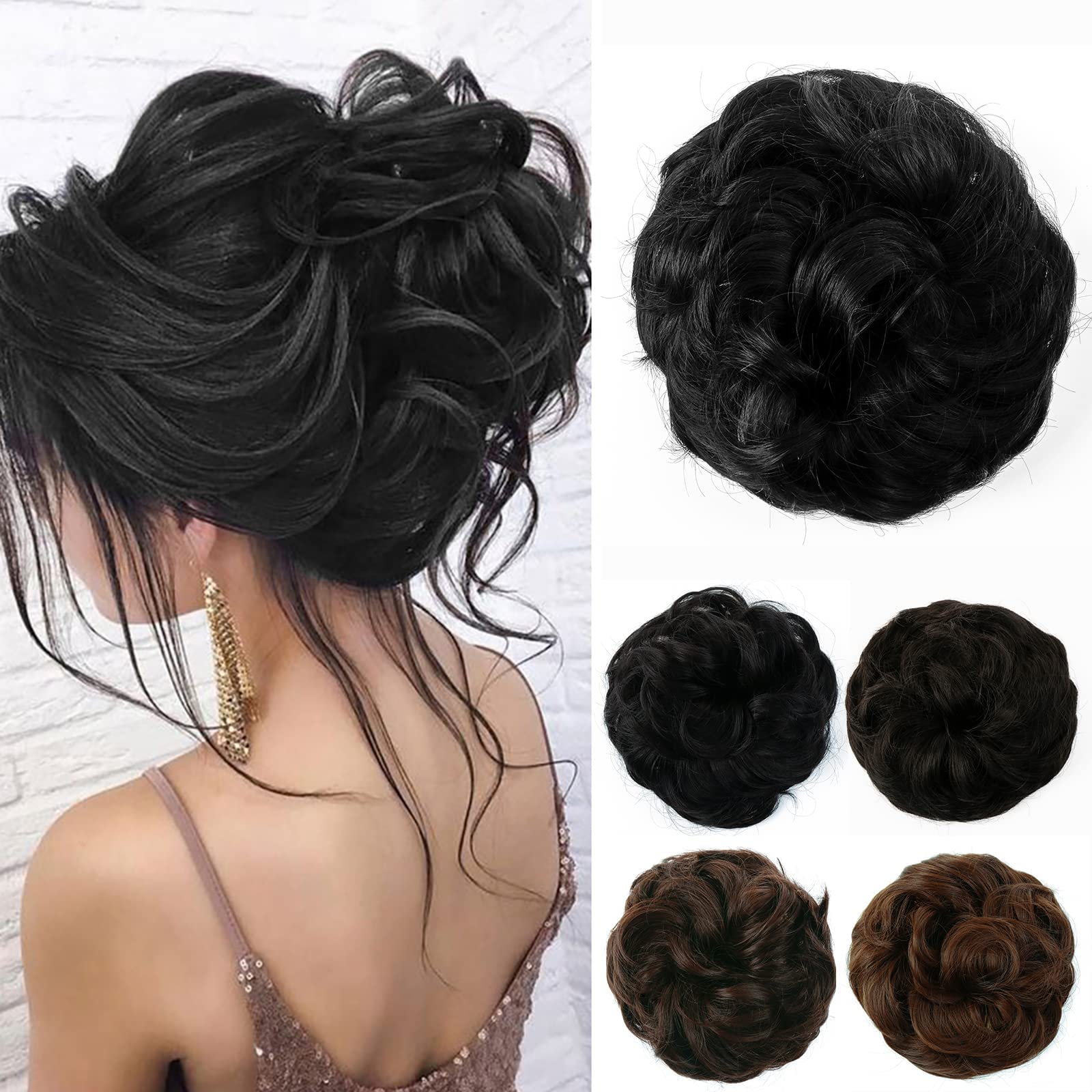 JJstar Messy Hair Bun Curly Wavy Hair Scrunchies Accessories Pieces for Women Girls Synthetic Chignons (Jet Black)