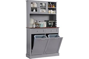 LOUVIXA Kitchen Pantry Storage Cabinet, Microwave Cabinet with Tilt Out Trash Cabinet, Freestanding Kitchen Hutch,Tall Pantry Cabinet Cupboard (Grey), (4HP6044)