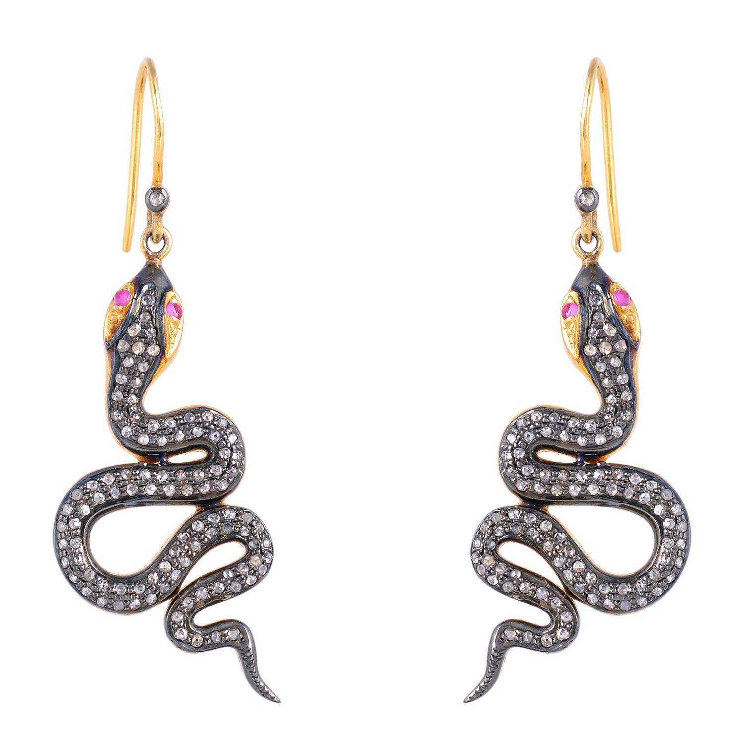 925 Sterling Silver Black Brown Snake Animal Dangle Drop Earrings 0.10 ct Real Uby And 0.96 Ct Brown Natural Diamonds (I2-I3 Clarity) For Women