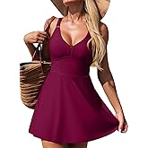 Aleumdr One Piece Swimsuits for Women Slimming Tummy Control Swim Dress V Neck Keyhole Skirted Bathing Suits