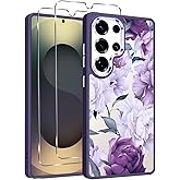lioscre Cute Floral Clear Case for Samsung Galaxy S25 Ultra 5G 6.8'' +2*Screen Protector, Flower Pattern Print Design Funda Aesthetic TPU & Hard PC Shockproof Protective Cover for Women Girl - Purple2