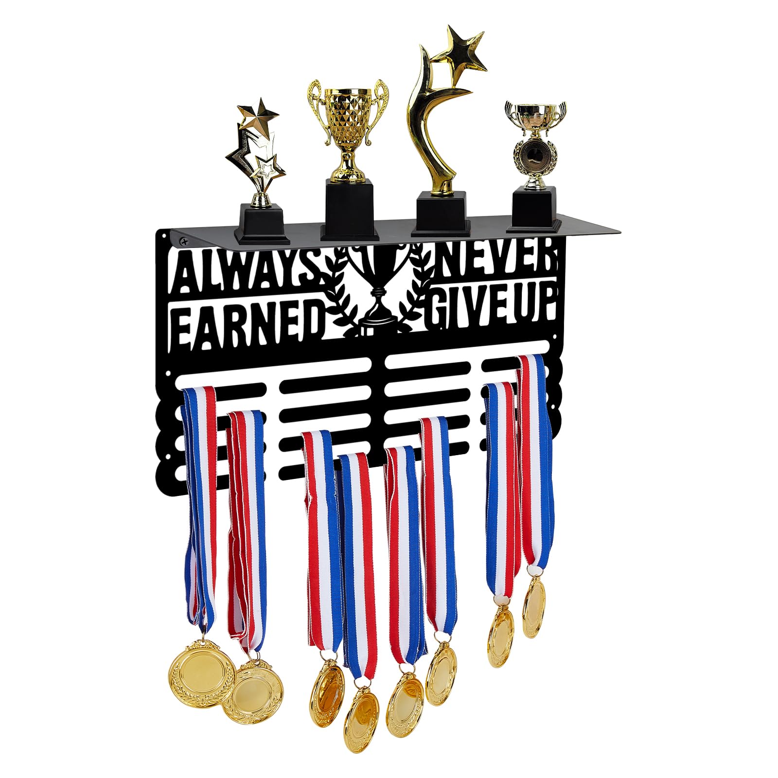 SUPERDANT Always Earned Never Given Trophy and Medal Display Shelf Medal Hanger Holder Displaying 4 Rows Race Medal Display and Medal Hanger with Shelf for Athletes Sports Awards Storage