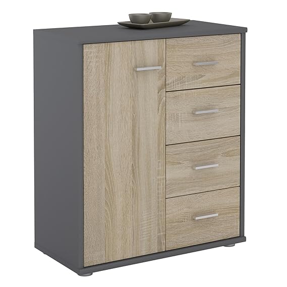 CARO-Möbel Kommode TIRANO Highboard Anrichte mit 1 Tür und 4 Schubladen in grau/Sonoma Eiche