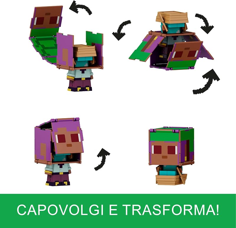 Minecraft - Flippin' Figs Delfino + Baule ed Efe + Efe in barca, set da 2 personaggi alti 9,5 cm e con teste grandi, ispirati al videogioco, giocattolo per bambini, 6+ anni, JCY31