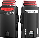 Taykos Minimalist Mens Wallet Card Holder: Pop Up Card Case, Genuine Leather, Smart, RFID Blocking, Slim, Thin, Front Pocket, Gift Box - 9-12 Card Capacitiy, Cash Pocket (Black)