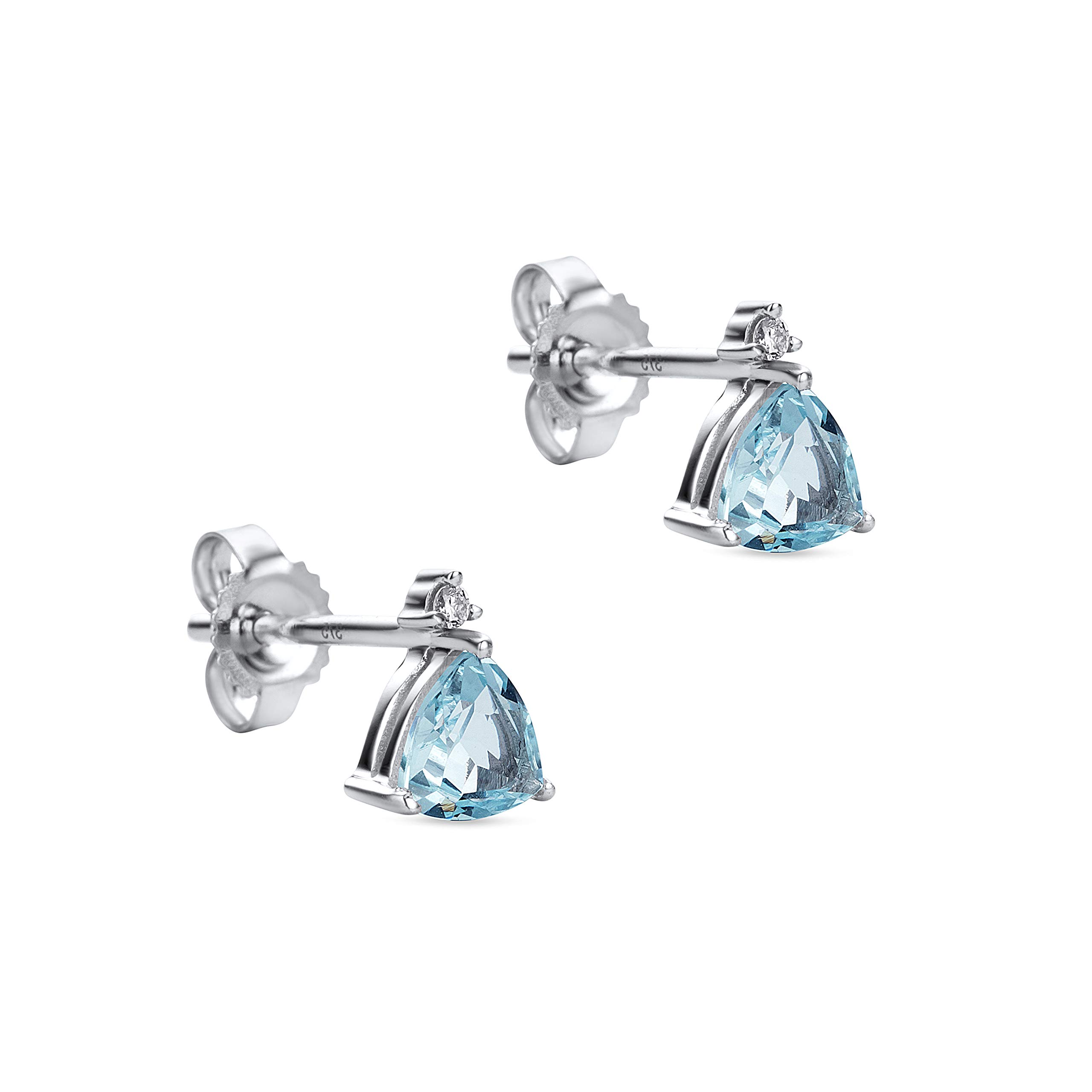 Orovi White Gold Earrings for Women with Diamonds and Aquamarines in 9 Carat Gold, Hypoallergenic Earrings - Handmade studs with jewellery box
