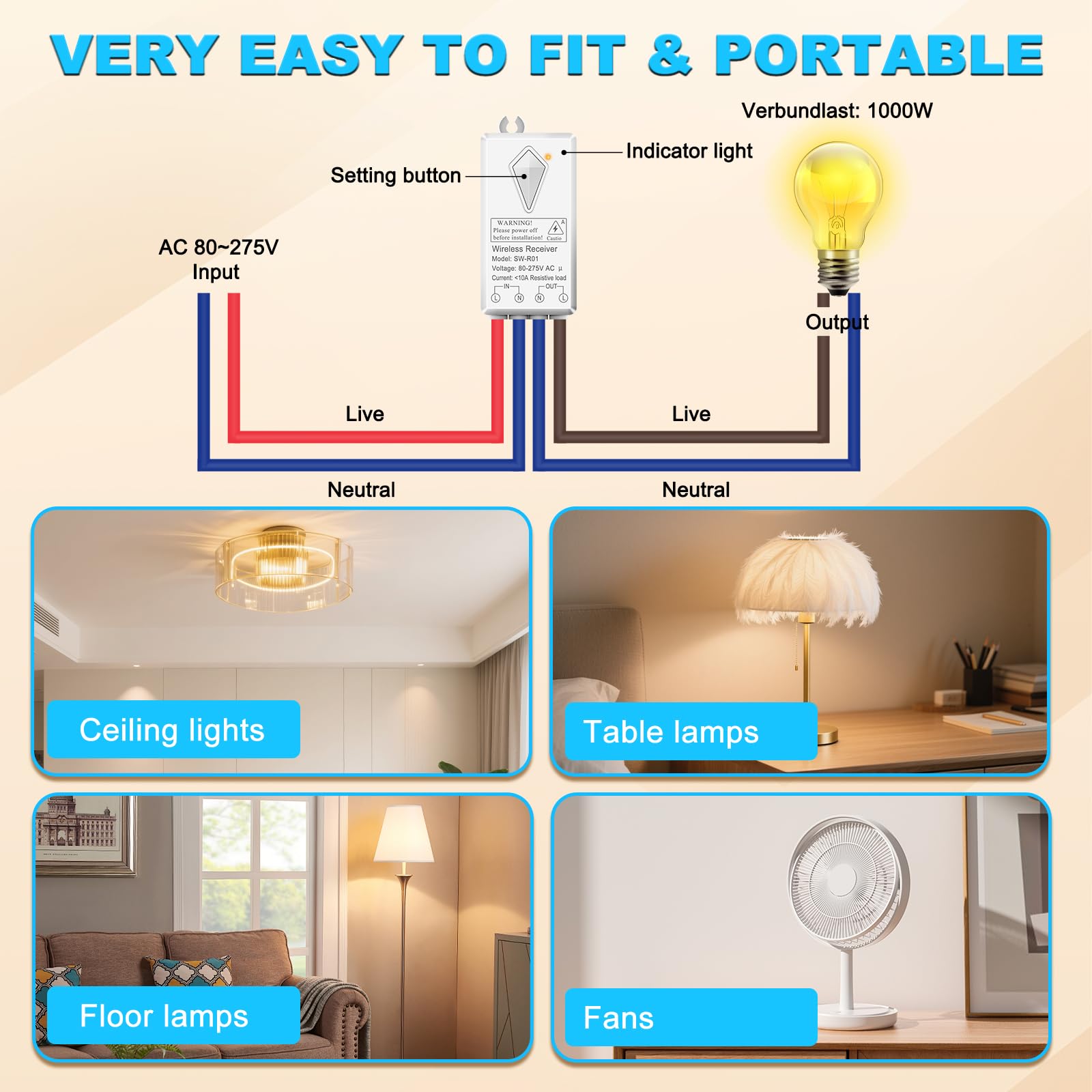 Funkschalter 230V, NineLeaf MiNi Lichtschalter Funk mit Fernbedienung, Einfache Installation, Reichweite der Fernbedienung 100m, IP66 Wasserdicht Tragbarer Kabelloser Schalter für 1000W Lampe 4