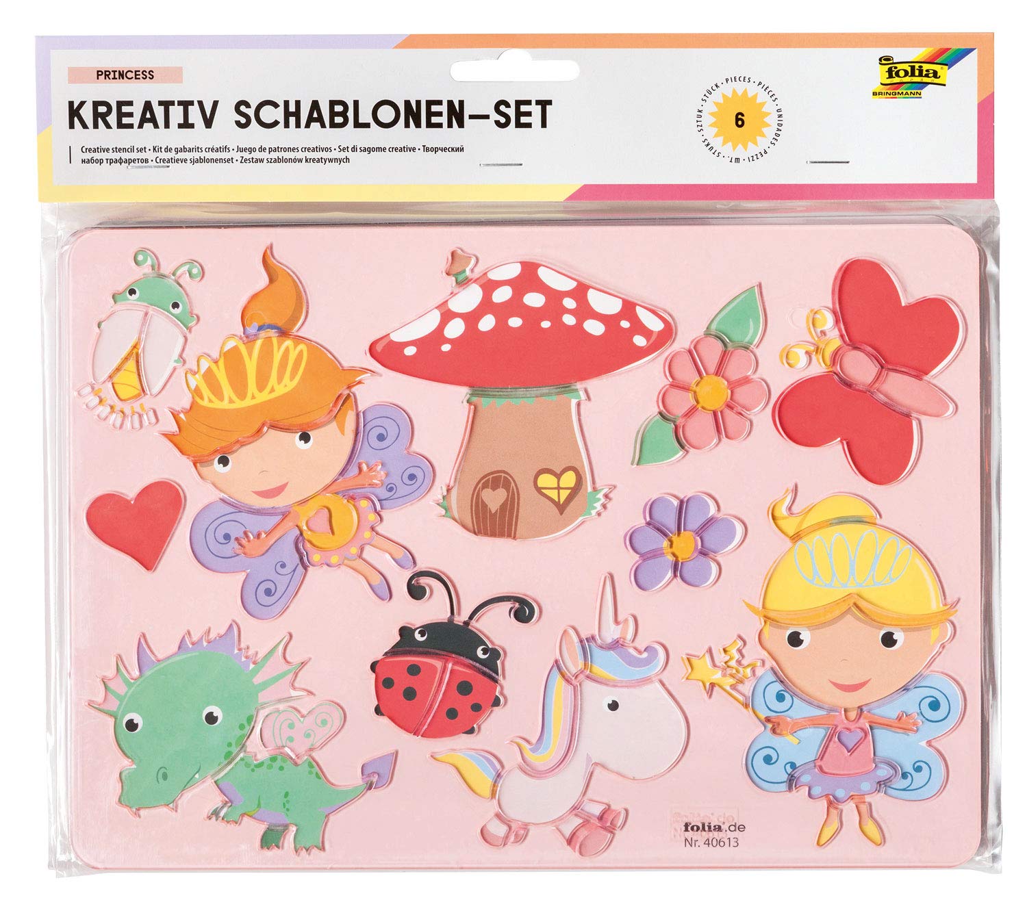 folia 40613 Creative Princess 6 Stencils with Colouring Pages for Painting Fairy Tale Figures Easy to Use with Coloured Pencils, Felt Pens and Markers