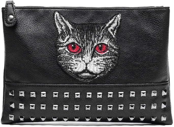 Amazon Drbzハンドバッグ レザークラッチバッグ デイリー満足便利 ショルダーバッグ メンズレディースblack 可愛い刺繍猫柄エンベロープ バッグ 小物入れます ショルダーバッグ