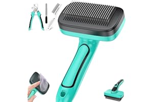 YOPETAYU Dog Brush for Shedding, Self-Cleaning Slicker for Short & Long Haired Pets, Removes Mats, Tangles, Fur, Gentle on Skin, Ideal for Small, Medium, Large Dogs. Includes Flea Comb & Nail Clipper