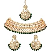 Aheli Indian Traditional Bollywood Kundan Maang Tikka Earrings Necklace Set Ethnic Bharatanatyam jewellery set for Women