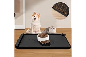 RAOUOEN Dog Food Mat, Silicone Dog Mat for Food and Water -Pet Feeding Mats with Residue Collection Pocket, Waterproof Dog Cat Bowl Mats with Raised Edges and Hooks, Placemats for Cats and Dogs Water Bowl
