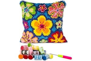 LAPATAIN Latch Hook Kits for DIY Throw Pillow Cover,Colorful Flowers Pattern Needlework Cushion Cover Hand Craft Crochet for Great Family 17x17inch