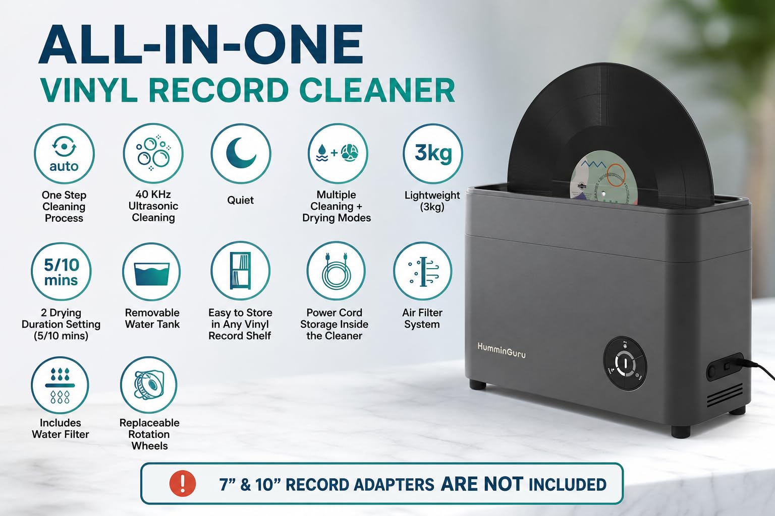 HumminGuru Ultraschall-Schallplattenreiniger – 40-kHz-Ultraschall-Schallplatten-Reinigungsgerät mit automatischer Trocknung, schallplatten reinigungsset mit wasserfilter (Dunkelgrau, 12 Zoll) 8