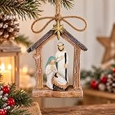 Christmas Decor Resin Holy Family Nativity Scene Figurine Hanging Ornament | with Rustic Jute Loop for Xmas trees, wall hooks, garlands, wreaths, cabinet knobs, or holiday branches, mantel, tired tray
