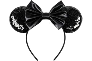 bianbaistar Mouse Ears Headband - Velvet Hair Bow Headwear with Sparkle Sequins for Women, Girls & Boys (Black Bow)