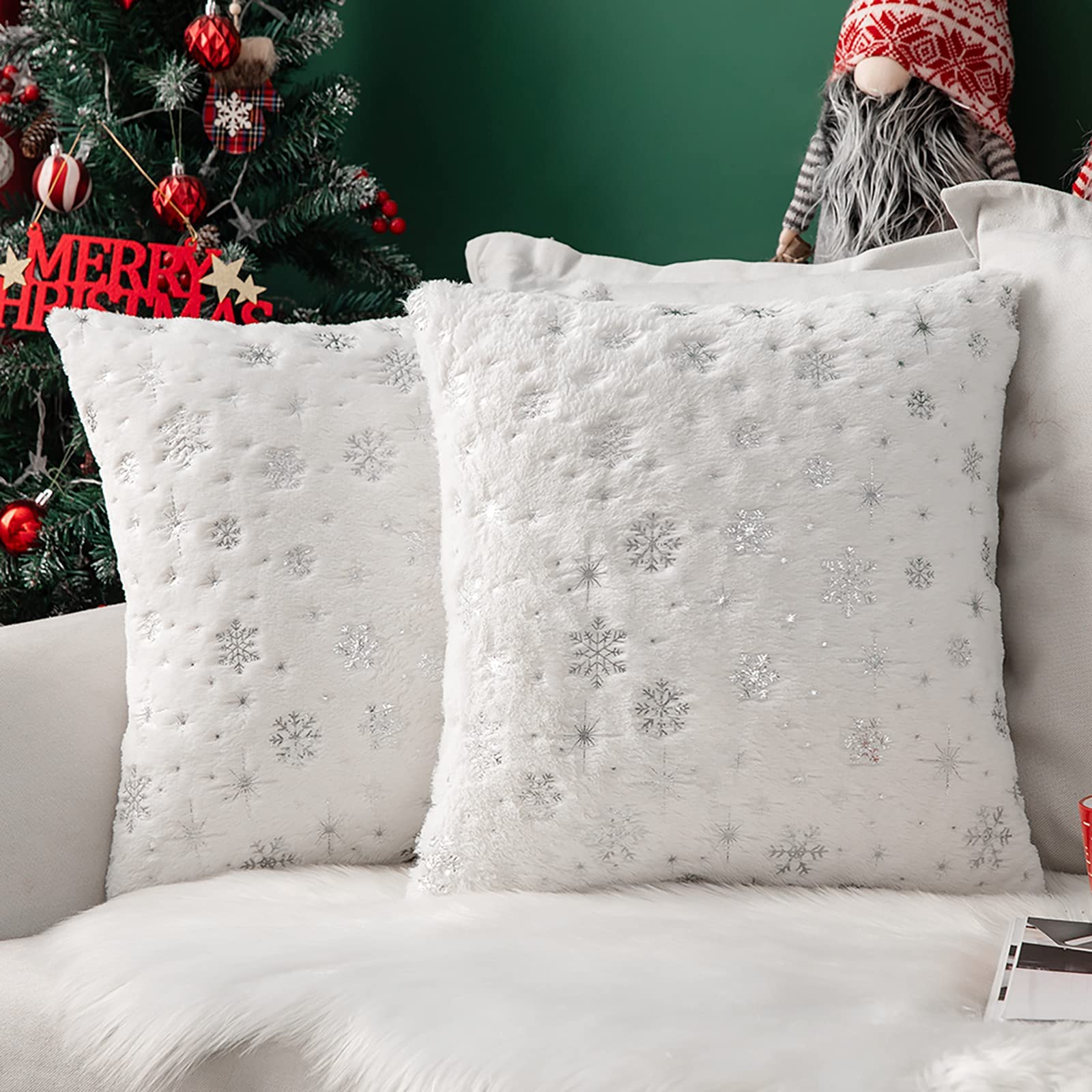 MIULEE Pack of 2 Christmas Cushion Covers Faux Fur Throw Pillow Cover Fluffy Soft Decorative with Snow Patterns Square Pillow Covers Plush Case for Sofa Bedroom 18 x 18 Inches 45 x 45 cm White