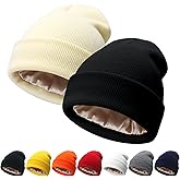 NPQQUAN 2 PCS Satin Lined Beanie for Women Silk Lined Beanies Winter Warm Soft Lining Cuffed Knit Beanie Hats for Women