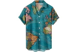 usnsm Bowling Shirts for Men,Men Hawaiian Shirts Casual Summer Map Printed Short Sleeve Beach Button Down T-Shirts