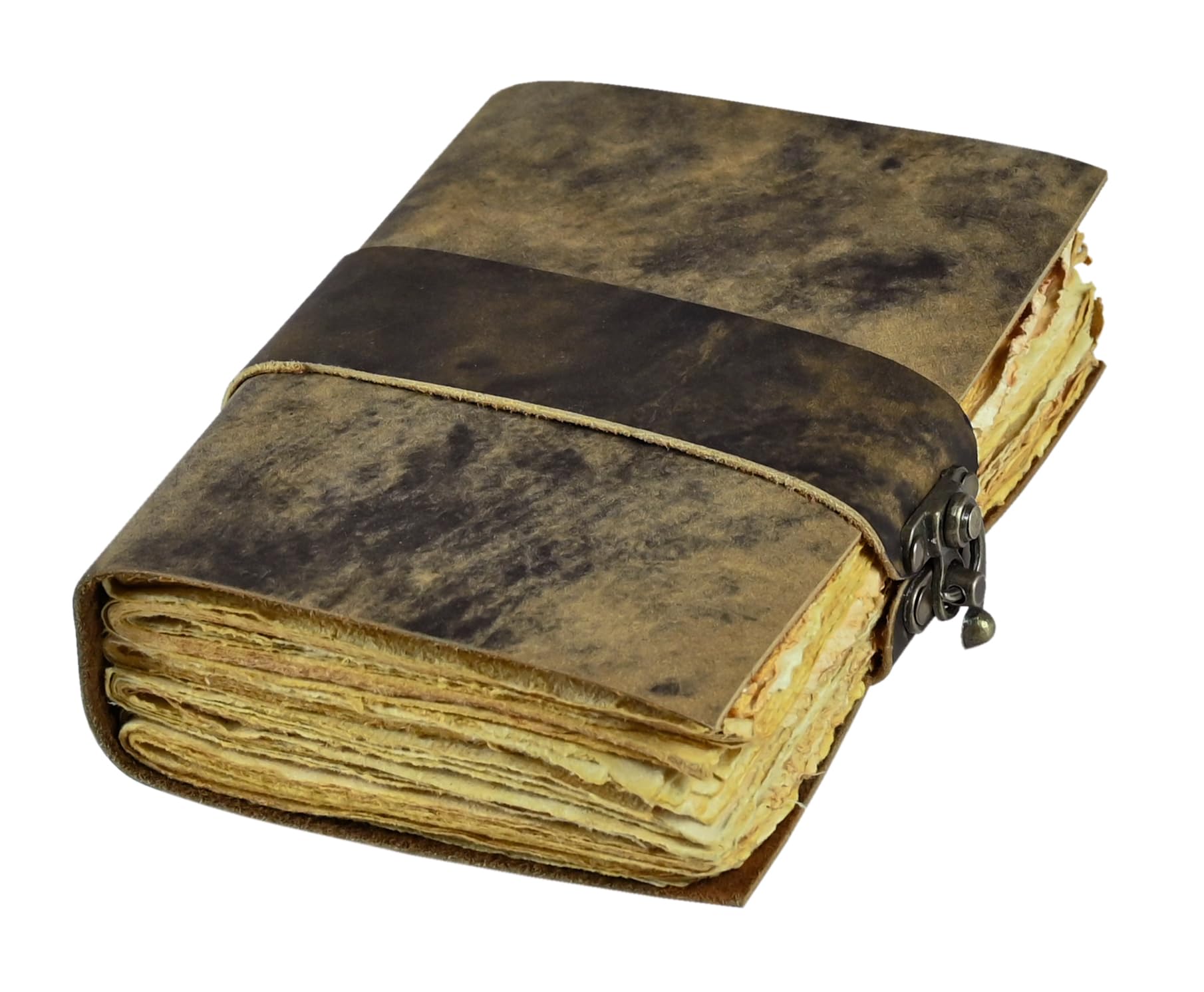 Leather Bound Vintage Journal for Women & Men - Book of Shadows - Lock Closure - 200 Pages of Antique Deckle Edges Handmade Paper - Rustic Brown Color - 7x5 inches (Bound Strape Journal)