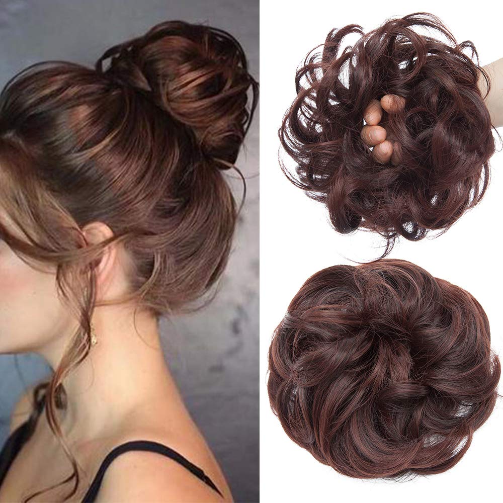 Silk-co Updo Ponytail Extensions [Natural Black & Dark Auburn] Messy Scrunchies Bun with Curly Wavy Hair Pieces for Women Accessories