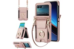 ASUWISH Phone Case for Moto Razr 50/Moto Razr 2024 Wallet Cover with Ring and Crossbody Wrist Strap Lanyard Credit Card Holder Slot Stand Cell Leather Purse Razor Razer INE-LX1 Women Men Girls Rose Gold