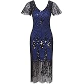 Vijiv Women's 1920s Gatsby Inspired Sequin Beads Long Fringe Flapper Dress with Sleeves