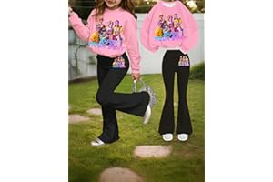 Girls Casual 2-Piece Set Pink K-POP Print Long-Sleeve Sweatshirt & Black Flared Pants Trendy Outfit