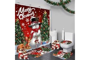 LQCOOL 4Pcs Retro Snowman Shower Curtain Set Winter Bathroom Set with Shower Curtain and Rugs,Christmas Bathroom Decor with Bathroom Carpet Bath Mat Toilet Rugs