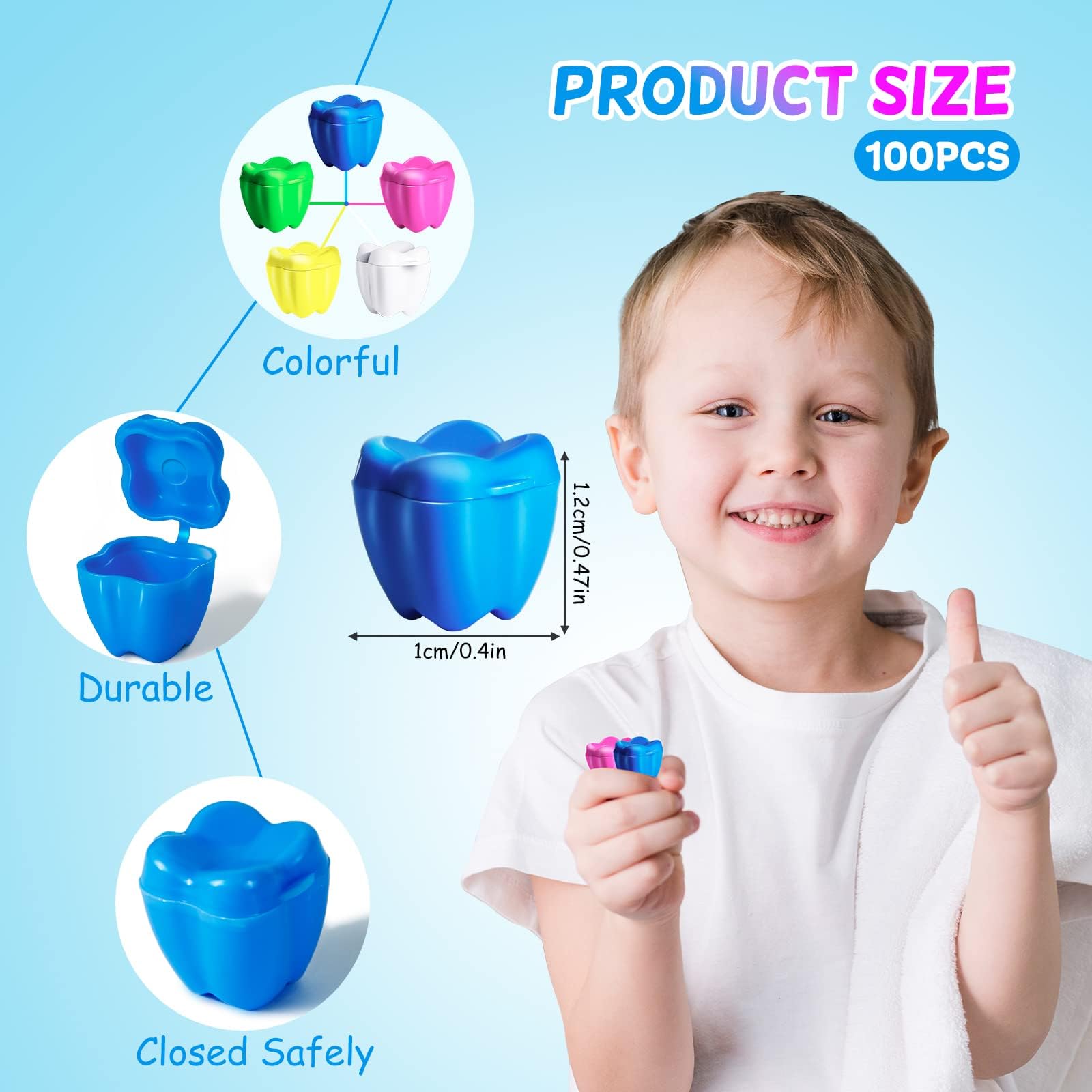 VIRHWOEA 100 PCS Colorful Tooth Savers, Plastic Tooth Boxes for Lost Teeth, Tooth Holders Savers for Kids Boys & Girls at School, Keepsake, Goodie Bag Fillers, Party Favor, Dentist Office, 5 Colors
