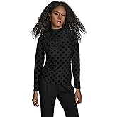 BCBG Womens Long Sleeve Ruched Shoulders Polka Dot Velvet Knit Top