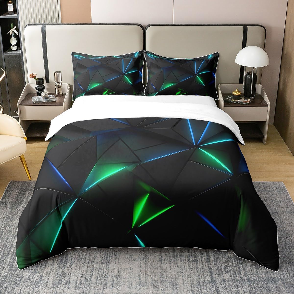 Rhombus Stripes Lines 100% Cotton Duvet Cover,Modern Comforter Cover Double,Neon Ombre Bedding Set for Women Men Adults,Creative Abstract Art Bed Sets with 2 Pillowcases,Green Blue