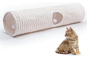 FORMYCATIE Luxurious Cat Tunnel,43" Straight Cat Tunnel Toys with Balls for Indoor,Collapsible Peekaboo Cave for Kitten （White Stripe）