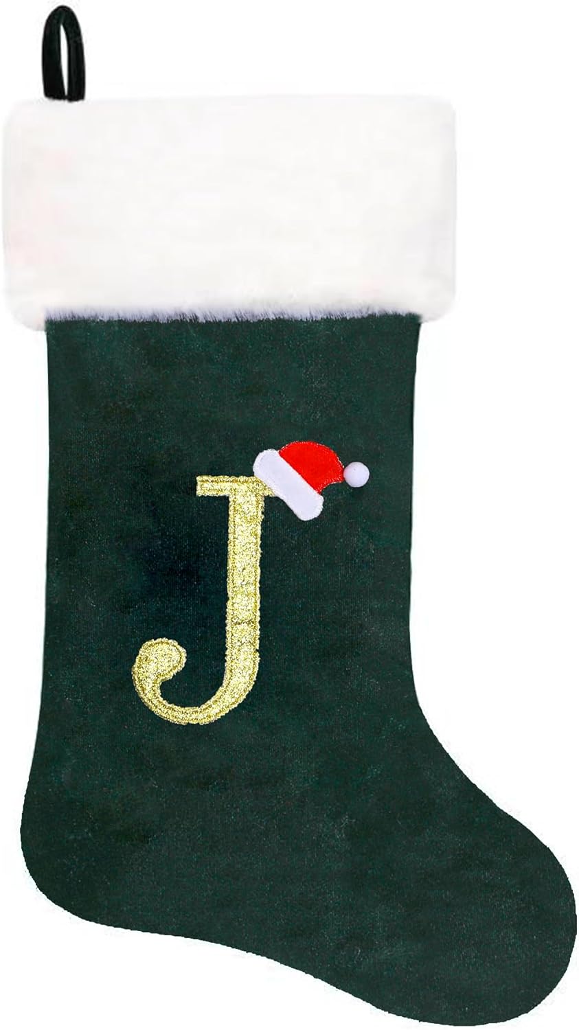 Stockings & Holders - Eoocan 20 Inches Monogram Christmas Stockings Green Velvet with White Super Soft Plush Cuff Embroidered Xmas Stocking Classic Personalized Stocking Decoration for Family Holiday Season Decor(Letter J)