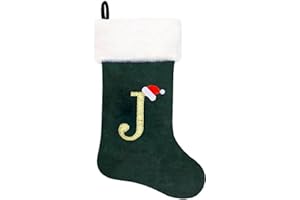Eoocan 20 Inches Monogram Christmas Stockings Green Velvet with White Super Soft Plush Cuff Embroidered Xmas Stocking Classic Personalized Stocking Decoration for Family Holiday Season Decor(Letter J)