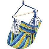 Highwild Hammock Chair Hanging Rope Swing - Max 500 Lbs - Steel Spreader Bar with Anti-Slip Rings - for Any Indoor or Outdoor Spaces (Blue Striped)