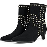 baobeijiadao Ankle Boots for Women Pointed Toe Low Kitten Heel Booties Slip On Rivet Boots