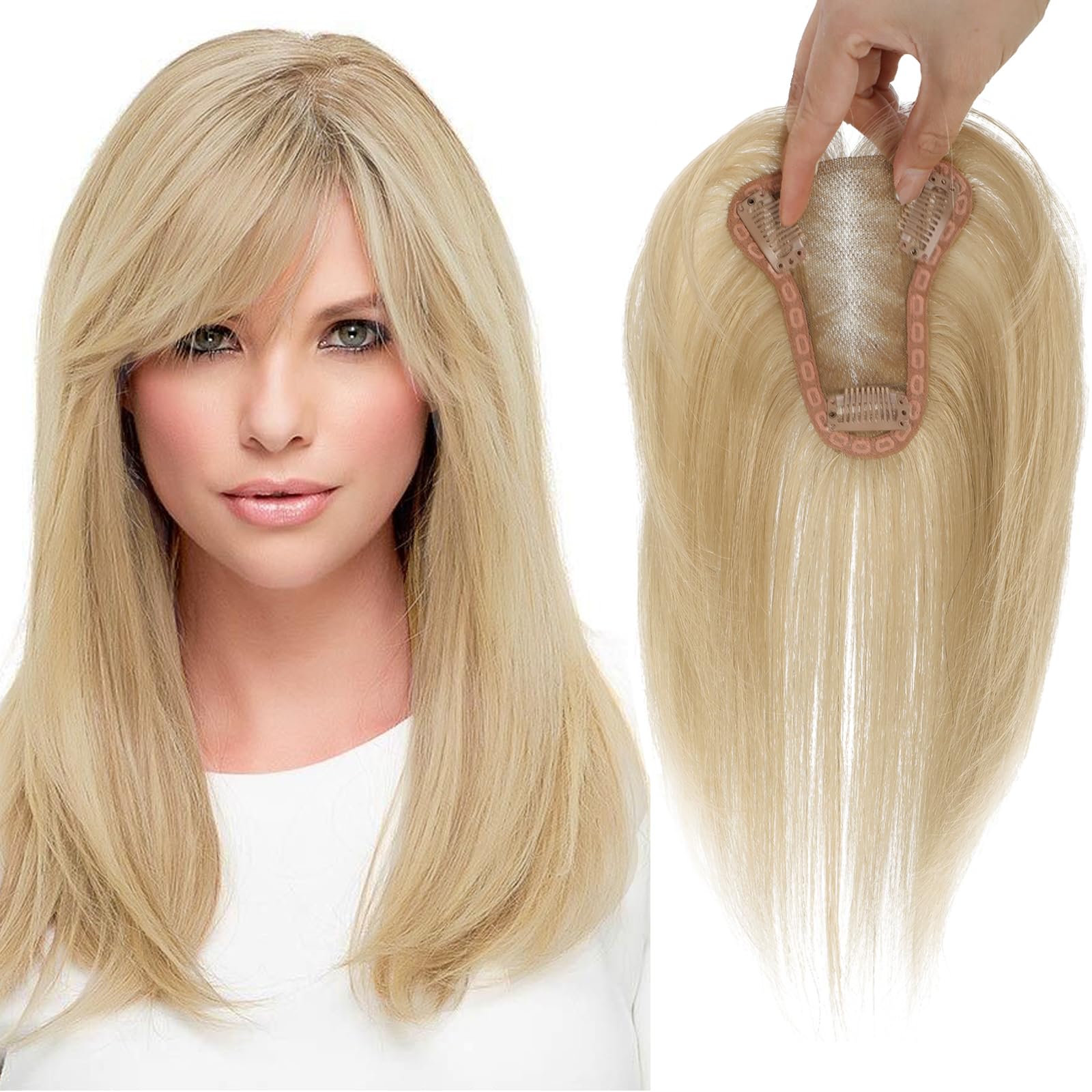 Nexyshe 10'' Hair Toppers for Women Real Human Hairtoppers Hair Pieces for Women with Thinning Hair Human Hair Toppers with Bangs Clip in (Honey Bleach Blonde Mix)