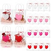Jaloro 48 Pcs Valentine's Day Clear Gift Bag with Ribbon Bulk Valentine's Pink Red Heart Clear Plastic Goodie Bag with Handle Reusable PVC Gift Bags for Galentines Wedding Party Favor 8 x 8 x 3.15''