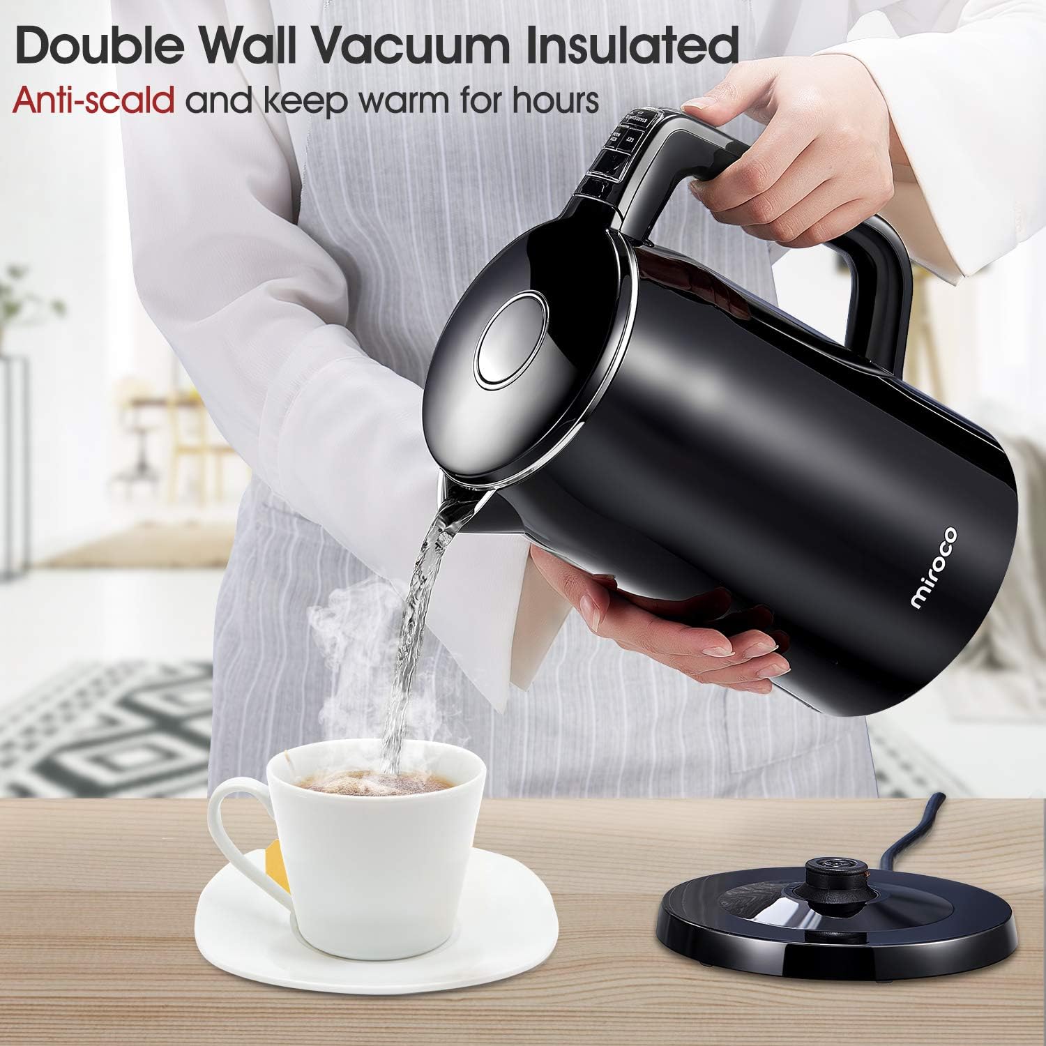 Miroco Electric Kettle Temperature Control 1.7L Double Wall Keep Warm, Anti-scald Tea Kettle 100% Stainless Steel BPA-Free Hot Tea Kettle, Auto Shut-Off, Boil-Dry Protection, 1500W Fast Boiling-120V: Kitchen & Dining