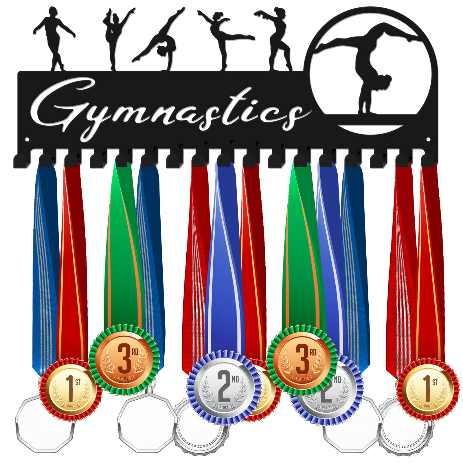 SUPERDANT Female Gymnastics Medal Hanger Rack Women's Rhythmic Gymnastics Medal Holder Personalised Medal Display for gymnast with 17 Hooks Ribbon Holder Display Wall Hanging Athlete Gift for Girls