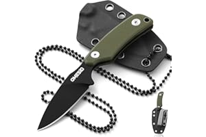 Omesio Compact Neck Knife, 5.82" Neck Knife with Sheath and Necklace, D2 Steel 2.99-Inch Blade, Full Tang Knife G10 Handle, Fixed Blade Knife for EDC, Hiking, Camping(Black Blade + Green Handle)