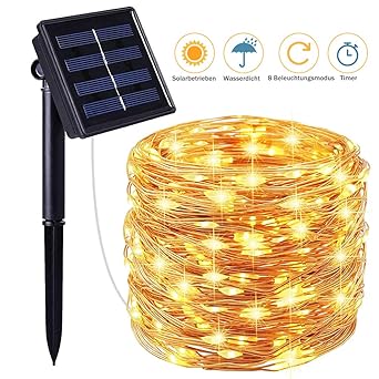 Tobbiheim Solar Lichterkette mit Timer und Lichtsensor, 100 LED 12 Meter Kupferdraht Lichterketten Außen 8 Modi Beleuchtung W