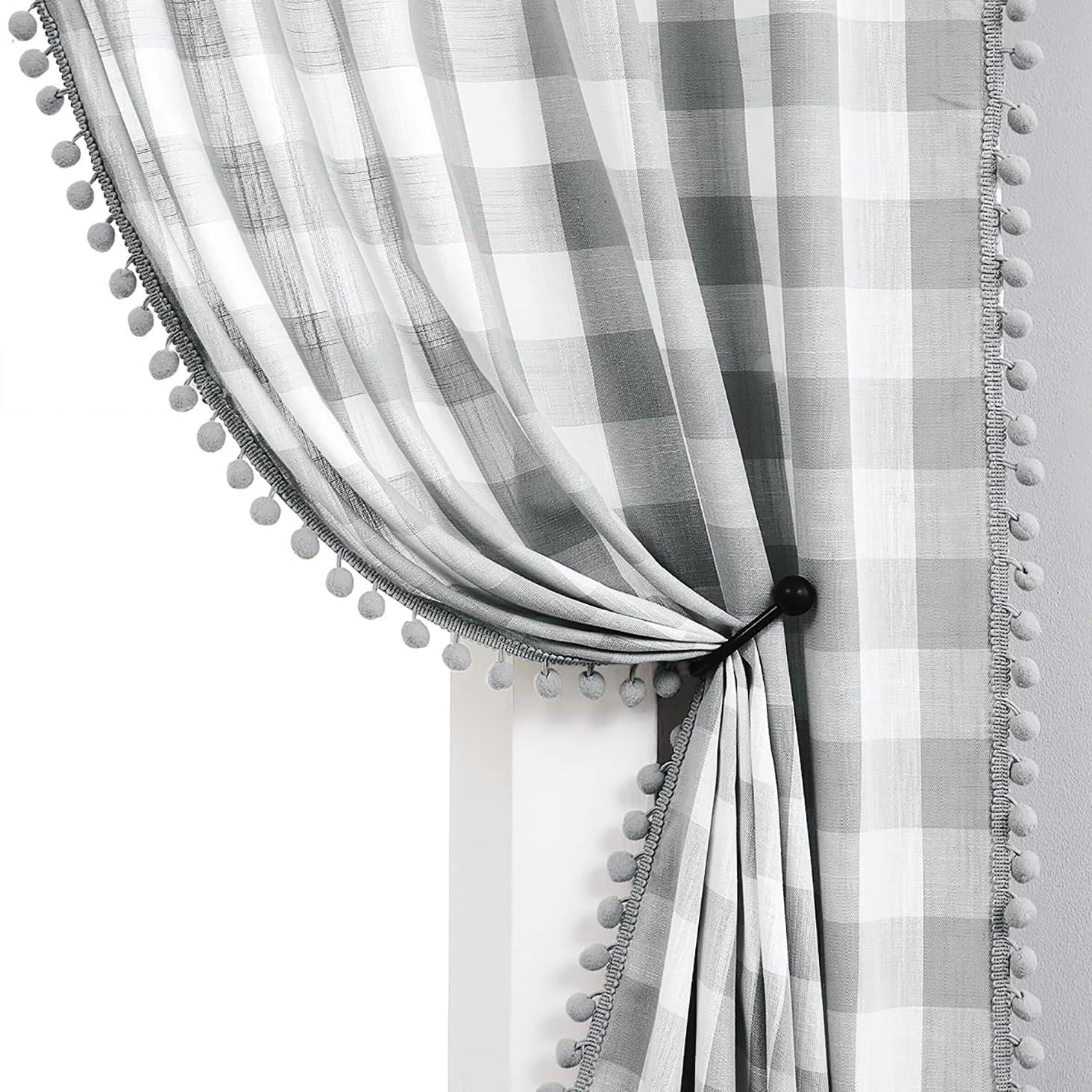 Pom Pom Check Curtains Grey White Gingham Plaid Curtain Panels for Kids Bedroom 54-Inch Farmhouse Pencil Pleat Buffalo Checkered Light Filtering Semi Sheer Window Treatments for Living Room, 40"w 2pcs