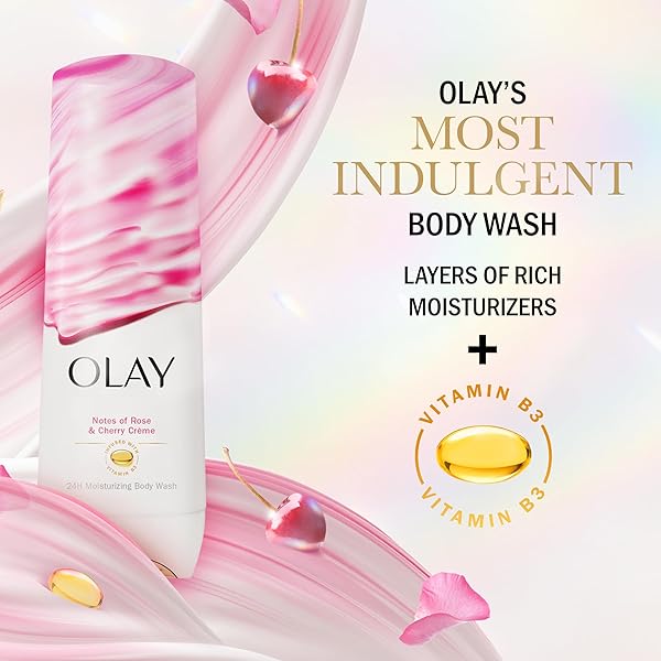 OLAY BODY WASH FOR WOMEN, INDULGENT MOISTURE, 24HR MOISTURIZING & NOURISHING FORMULA, INFUSED WITH VITAMIN B3 COMPLEX, LUXURIOUS FRAGRANCES, ROSE & CHERRY CREME SCENT, 20 FL OZ