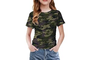Arshiner Girls Shirts Side Ruched Short Sleeve Crewneck Fitted Tops Casual Summer Soft Tee Clothes 5-12 Years